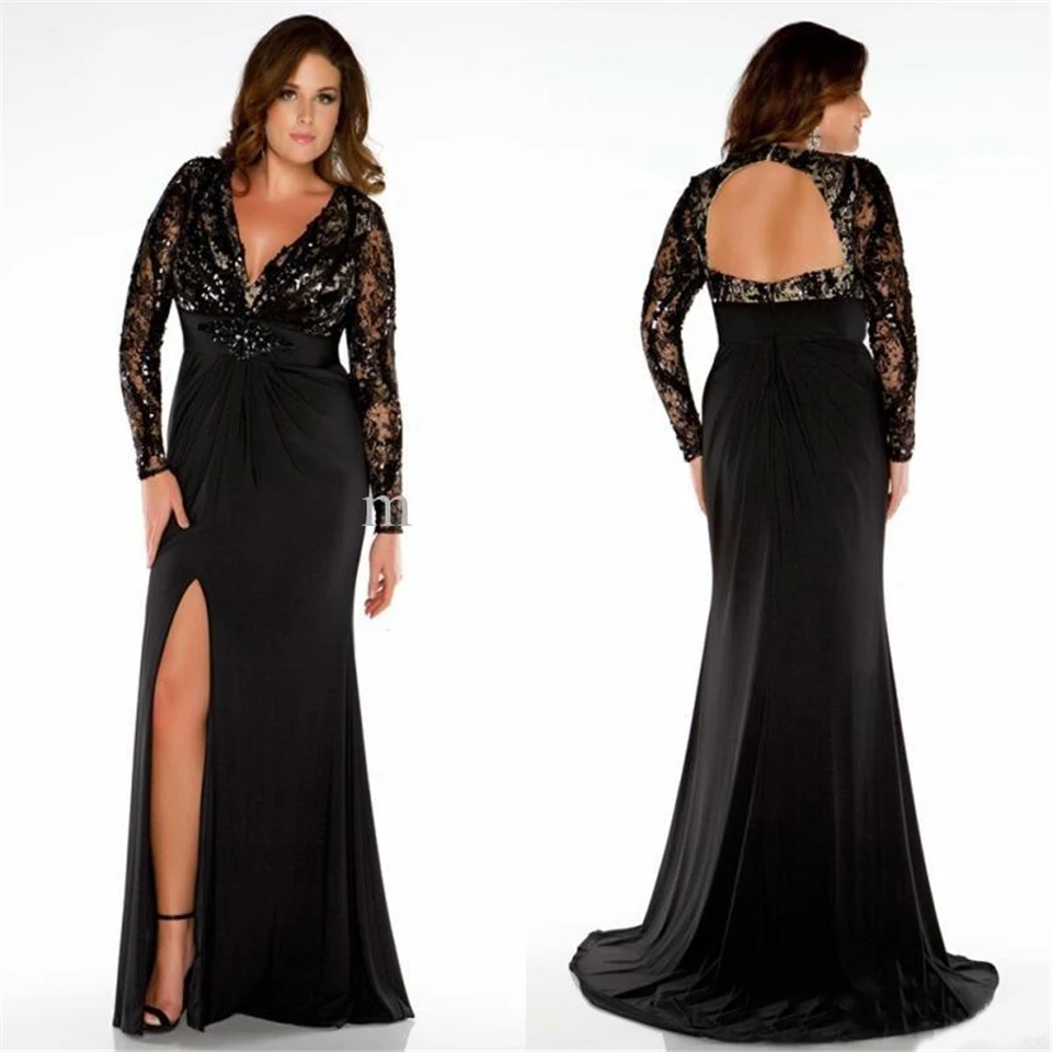 

V-Neck Black Long Sleeve Lace Evening Dresses Prom Party Gown Formal Gown Mermaid Trumpet Elastic Satin Plus Size Custom Pleat