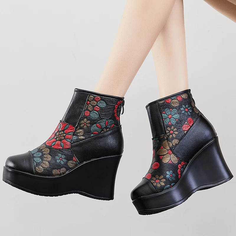 GKTINOO 2024 New Women Boots Genuine Leather Women Shoes Round Toe Winter Wedges Handmade Leisure Ankle Platform Boots