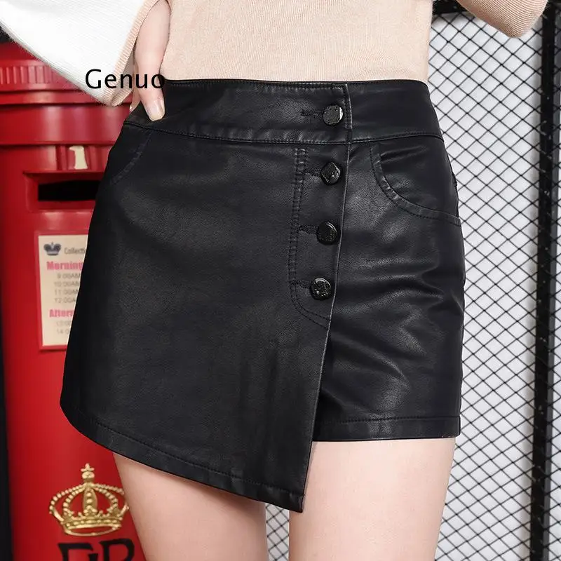 Fake Two Piece Skirts Shorts Women Black PU Leather Shorts Girls High Waist Single Breasted Short Trouser Sexy Clothing  New