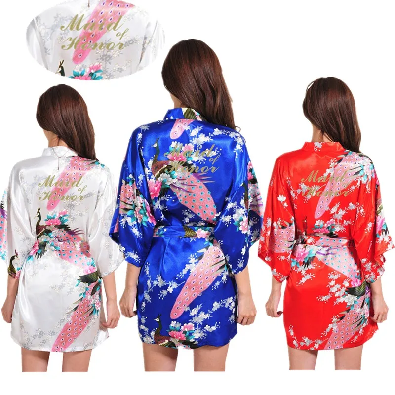 

Wholesale Maid of Honor Gold Glitter Peacock Women Kimono Robe Satin Short Floral BathRobe Dressing Gowns for Wedding Party T17