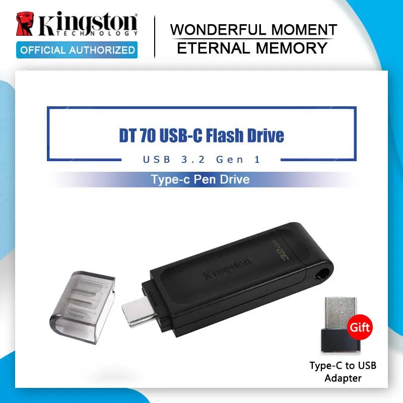 Kingston – clé USB 128 de type-c DT70, support à mémoire de 32GB 64GB 3.2 GB, lecteur Flash pour ordinateurs portables, tablettes et smartphones