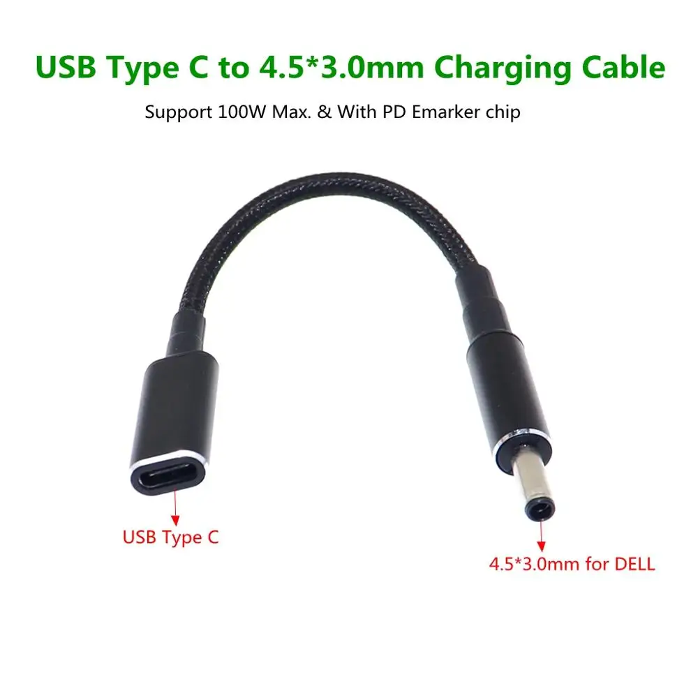 100W 유형-C 여성 4.5*3.0mm 남성 잭 변환기 USB-C PD 빠른 충전 플러그 케이블 어댑터 Dell Inspiron 15 5558 3558 355