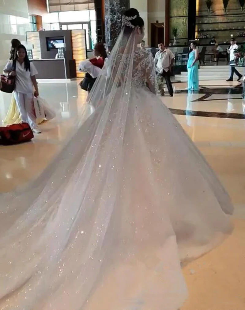 ชุดเจ้าหญิงแขนยาวลูกปัดAppliquesอัญมณีคอCourt Train Ballชุดเจ้าสาวที่กําหนดเองVestidos Do