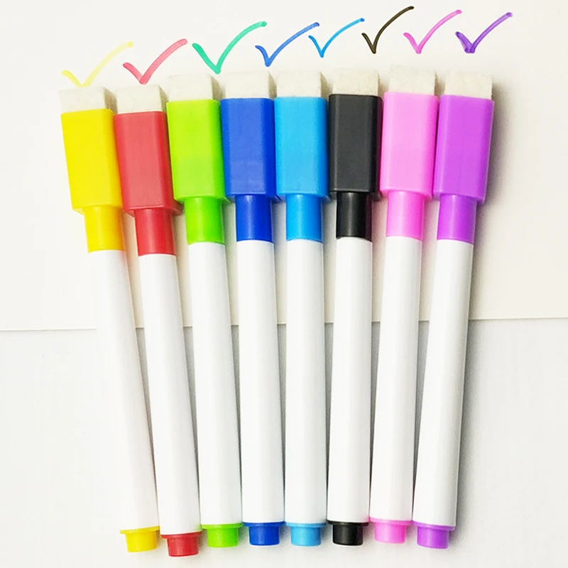 

8Pcs/lot Colorful Black School Classroom Whiteboard Pen Dry White Board Markers Built In Eraser Student Children's Drawing Pen