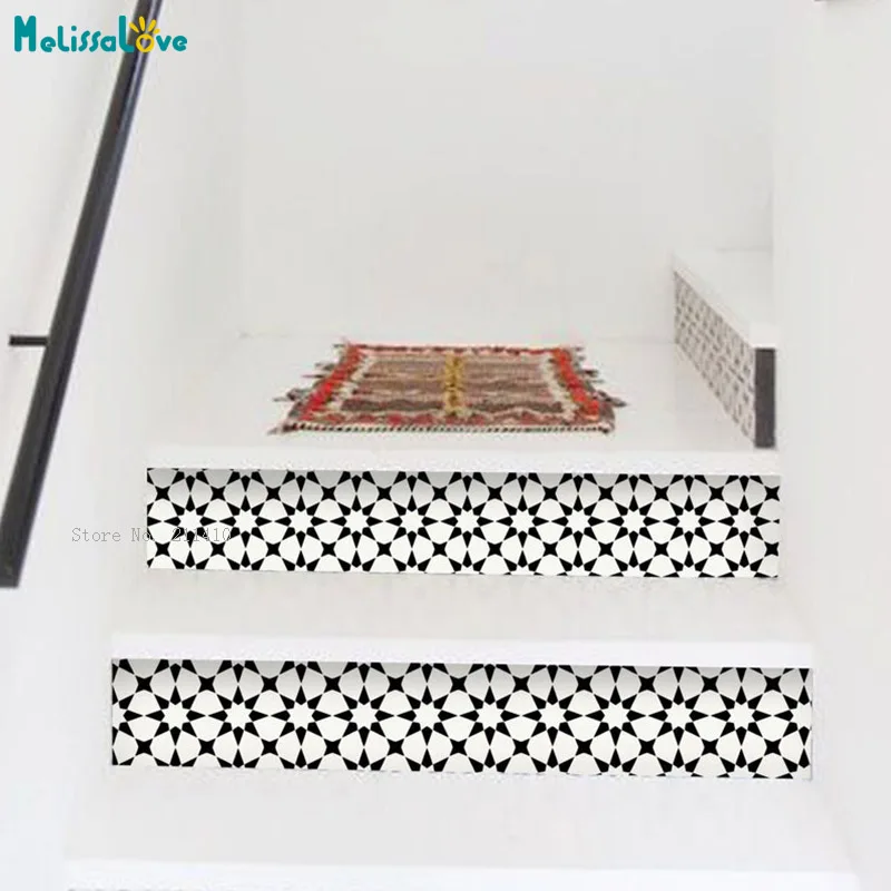 Classicism Eight-pointed Star Shape Stairs Stickers 6 Murals Home Decor Elegant Retro Decals Waterproof Murals YT6254