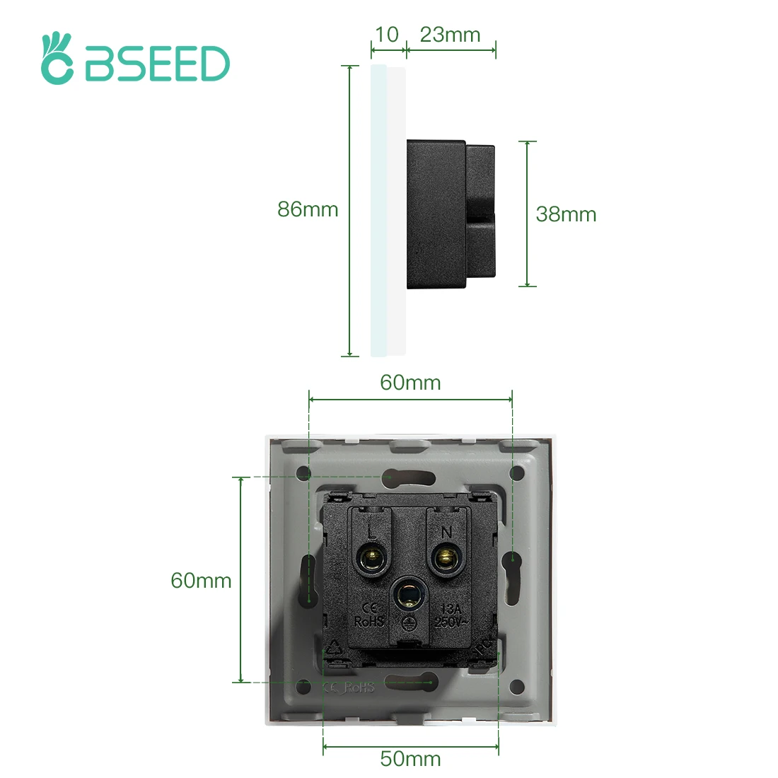 BSEED Multifunction Wall Socket Universal Standard Single Power Outlets Black White Gloden Crystal Panel 13A