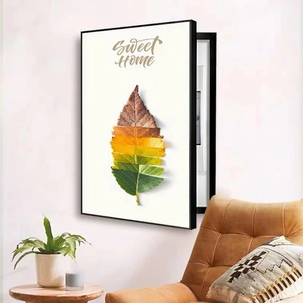 Vertical Side Open Electric Box Decorative Painting Free Punch Home Living Room Golden Plant Modern Simple Mural With Fram