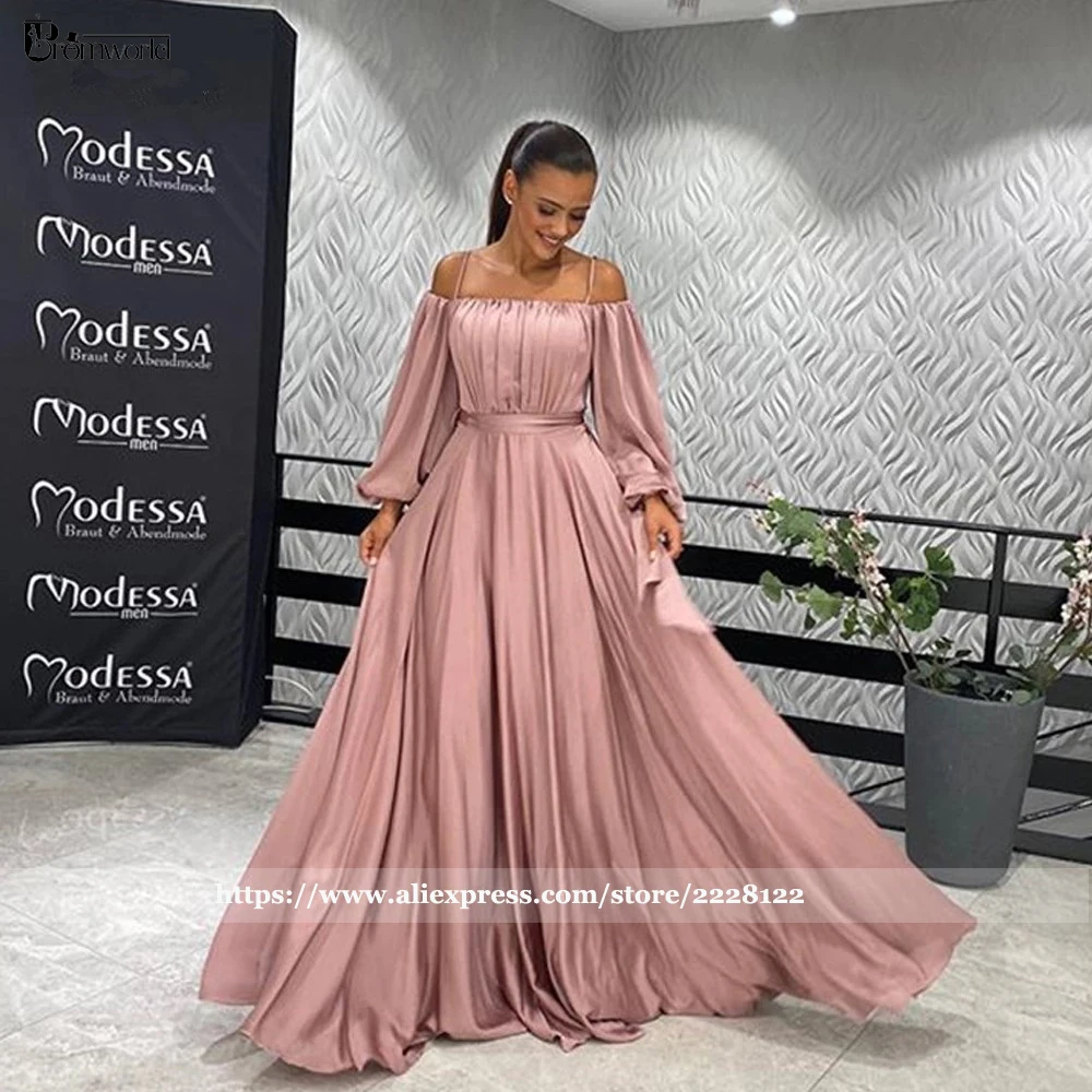 Staubigen Rosa Abendkleider Lange Ärmel Vestidos De Fiesta Spaghetti-trägern A-Line Chiffon Prom Kleider Frauen Formale Kleid 2021