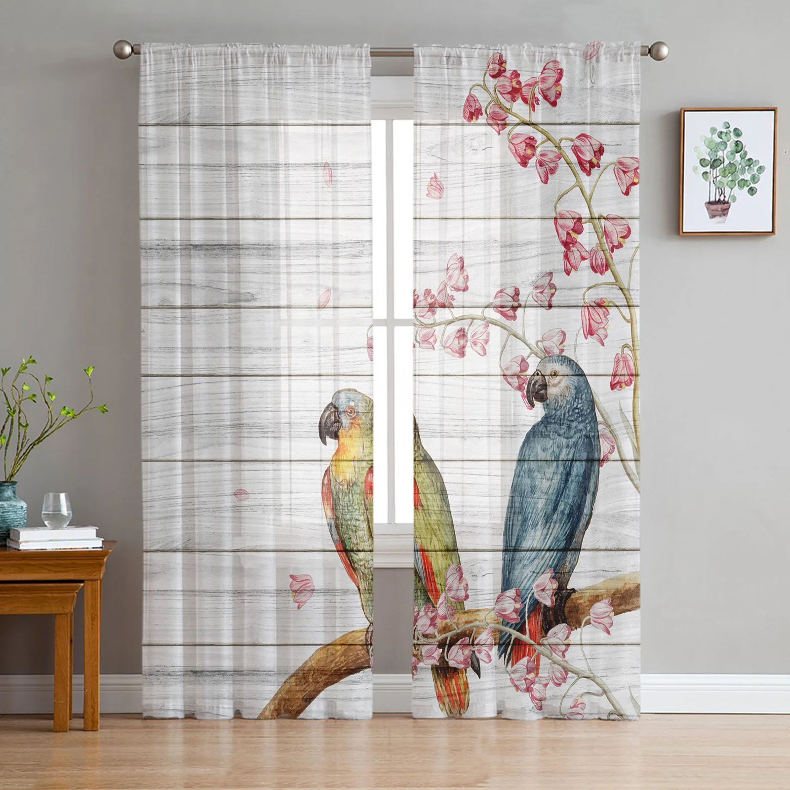 Parrot Flowers On Wooden Board Curtain For Living Room Transparent Tulle Curtains Window Sheer For The Bedroom Accessories Decor