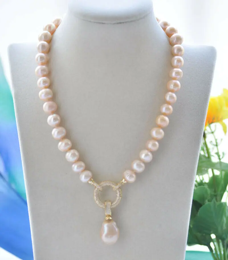 

18" 12mm Pink Round & Baroque Keshi Pearl Necklace & Pendant CZ