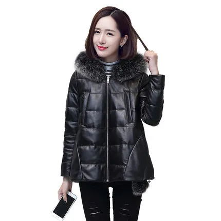 

Plus Size Winter Genuine Women Leather Jacket Fox Fur Short Warm Duck Down Parka Mujer Abrigos Basic Tops LX1083