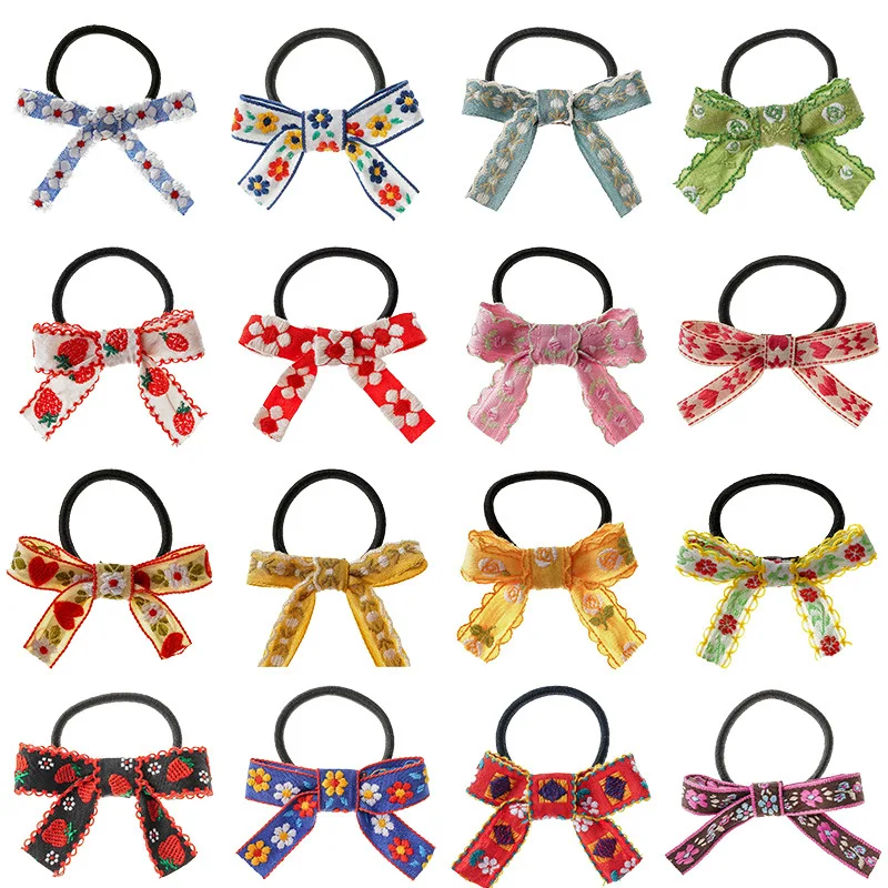 2021 New Children's Bow Hair Rope National Wind Embroidery Cute Small Crushed Strawberry Multi-color Hair Ring Head Rope