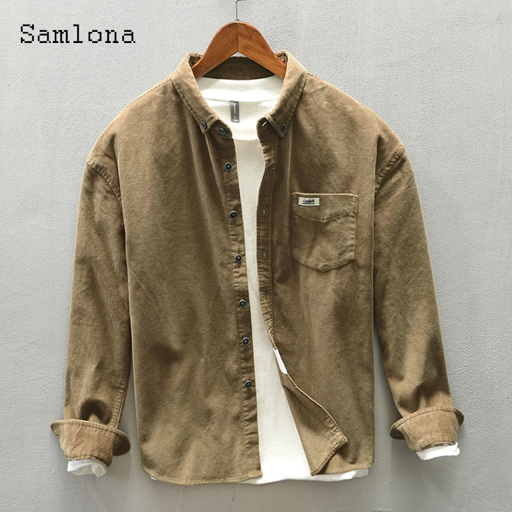 Samlona Men Fashion Corduroy Tops Sexy Male Clothing 2022 Spring New Casual Shirt blusas Plus Size 3xl Mens Lepal Collar Blouse