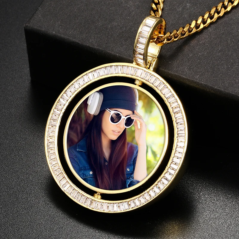 Rotating Double-Sided Medallions Custom Photo Pendant Men Hip Hop Jewelry Baguette Pendant Necklace Custom Photo Women Gift