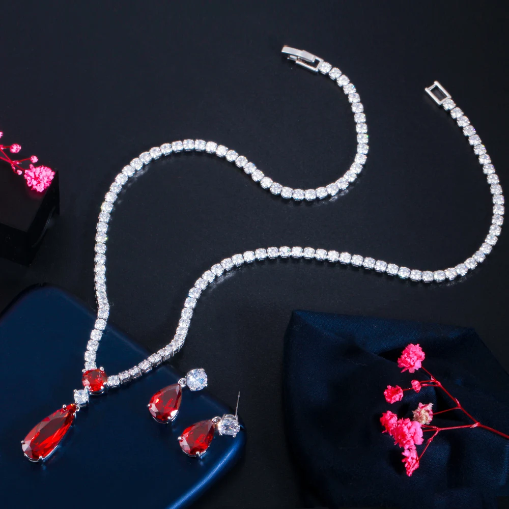 CWWZircons Top Rot-Lila Kubisches Zirkonia Wassertropfen-Design Modisches Schmuckset für Damen zur Verlobung, Party, Hochzeit, als Brautjungferngeschenk T0751 – Detail 9