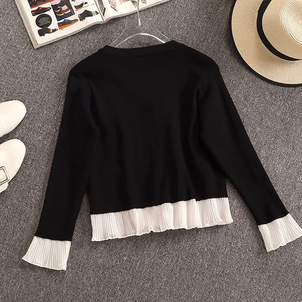 Korean New Knitted Pants Set 2019 Chic V-neck Cardigan Tops Trim Hem Ruffled Sweater and Wide leg pants 2 Piece Set Female