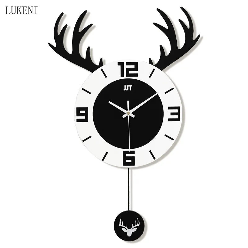 Black White Simple Nordic Personality Creative Deer Head Swing Wall Clock Living Room Fashion Home Decoration Mute Clock