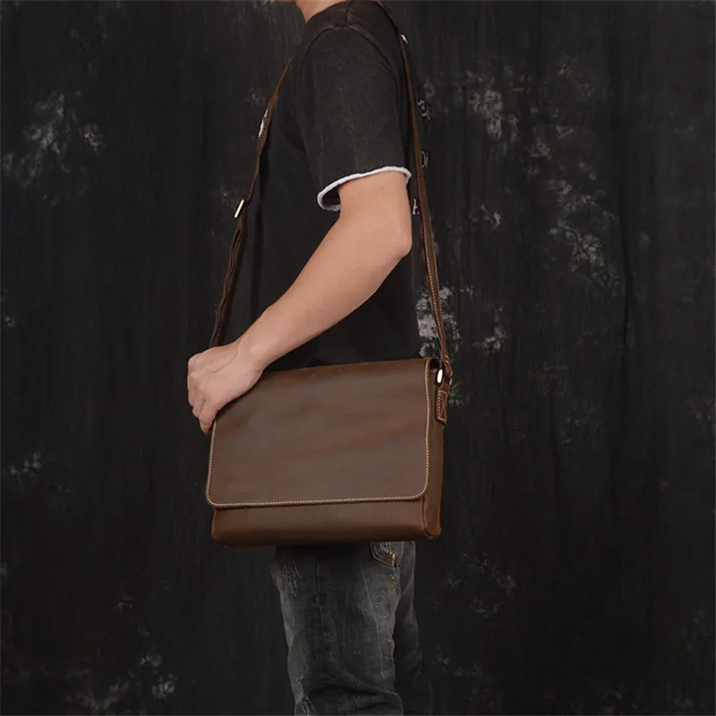 

Nesitu Highend Vintage Small Brown Thick Durable Genuine Crazy Horse Leather Men Messenger Bags Cross Body Shoulder Bag M1052