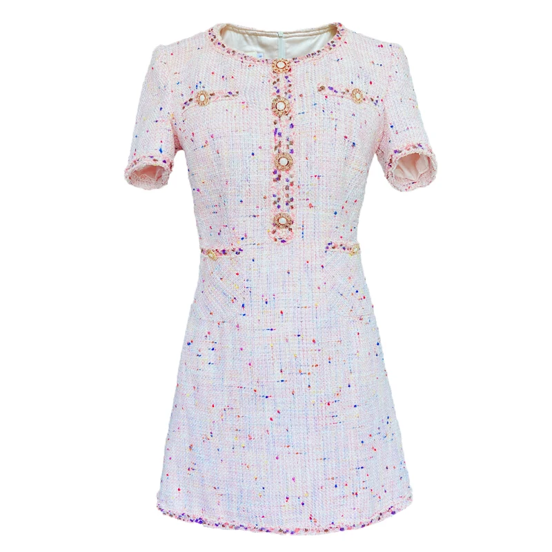 

Spring autumn small fragrance tweed dress women short sleeve slim a-line party dress