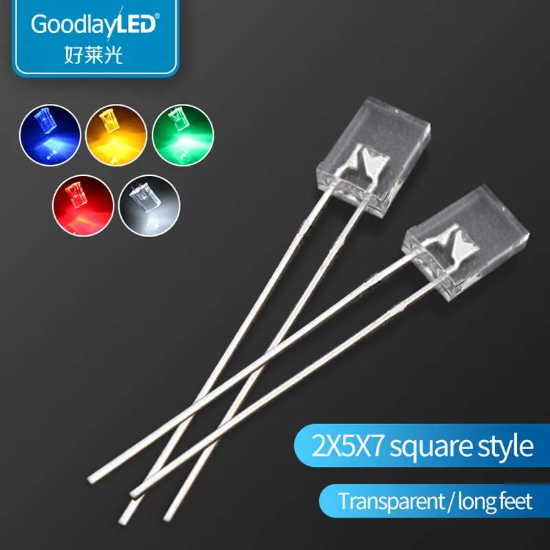 100PCS 2x5x7mm square transparent long leg red blue yellow green light-emitting diode LED