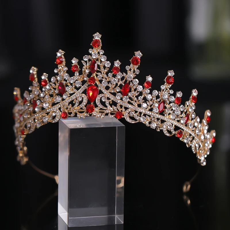 New Golden Bride Crown Princess Headwear Birthday Red Rhinestone Headband Wedding Hair Jewelry Bridal Tiaras Vintage Headpiece