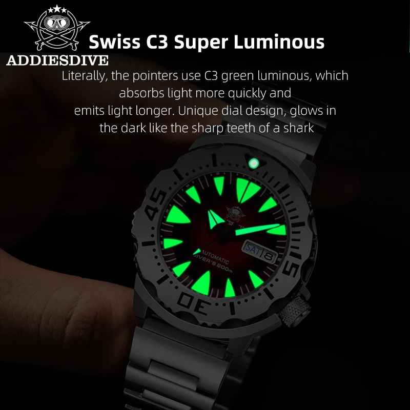 ADDIESDIVE Orologio da uomo Monster 20Bar Vetro zaffiro impermeabile Data C3 Movimento NH36 super luminoso Orologi meccanici automatici