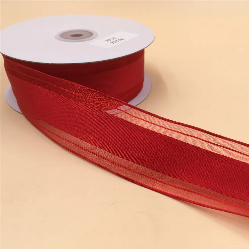 38MM X 25 Yards Red Organza Stripes Wired Edge Ribbon for Birthday Decoration Gift Wrapping 1-1/2