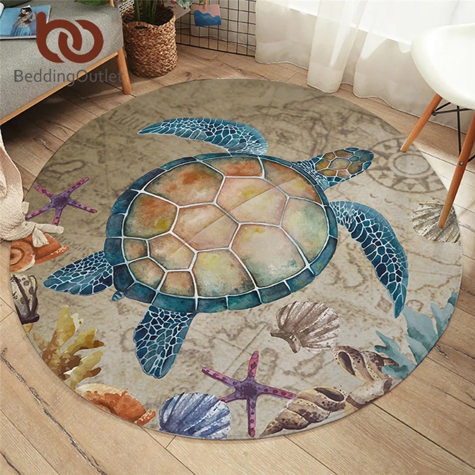 BeddingOutlet Sea Turtle Round Carpet Map Tortoise Floor Mat Non-slip Starfish Shells Nautical Area Rugs Marine Animal tapetes