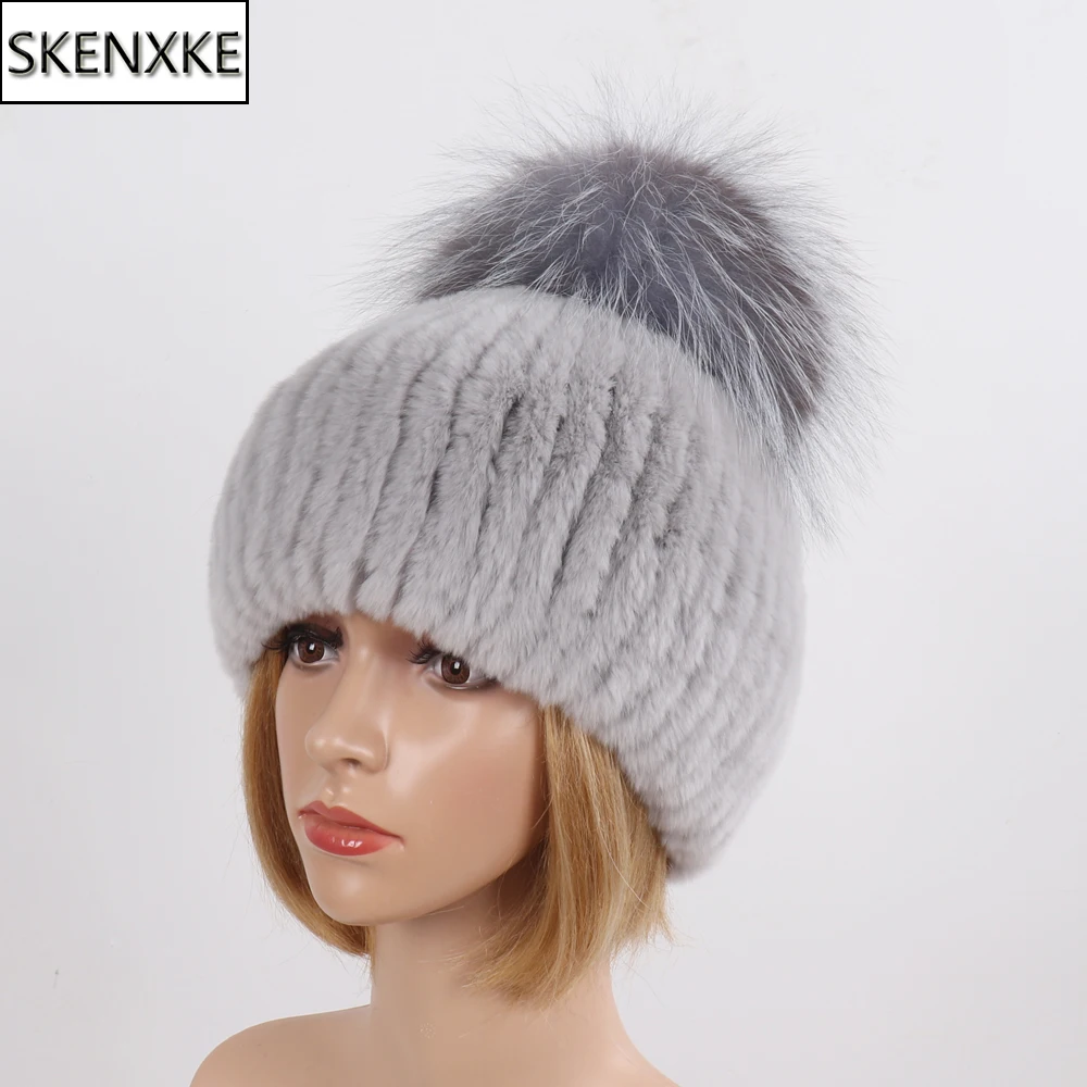 

New Luxury Knitted Ladies Real Fur Caps Winter Women Warm Fluffy Natural Rex Rabbit Fur Hat Good Elastic Big Fox Fur Pompoms Hat