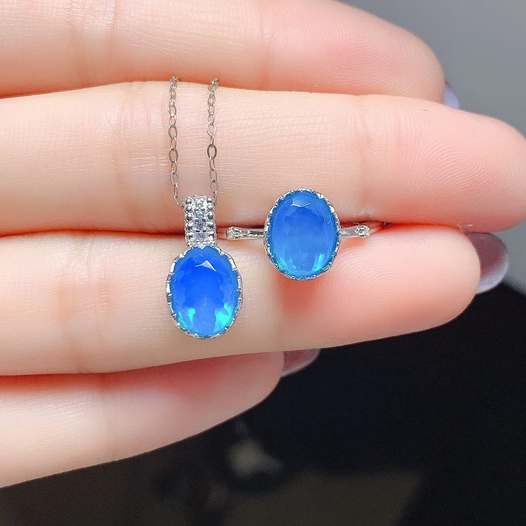 High Quality Silver Jewelry Set Blue Opal Ring Pendant Necklace Faceted Opal Engagement Wedding Silver Jewelry