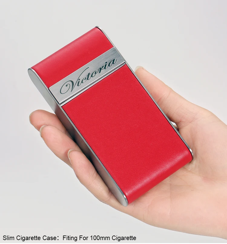 Rot Schwarz 100mm Schlanke Zigarette Fall Box Mode Edelstahl PU Leder Name Individuelles LOGO Rauchen Geschenk Für Freundin frauen – Detail 2