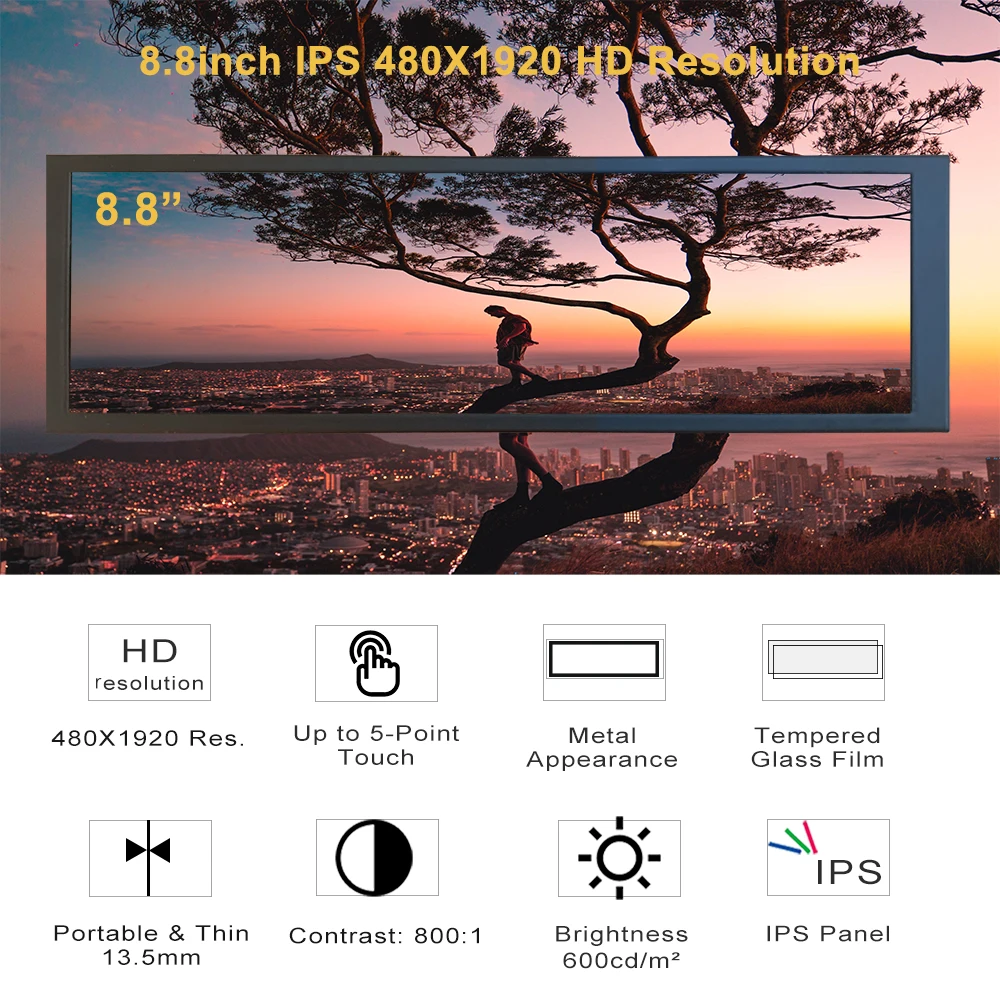 Layar Sentuh Kapasitif 8.8 ''480X1920 Monitor Portabel Strip Panjang, LCD Bar Peregangan Layar Kedua USB Aida64 Sub Display CPU GPU HDMI