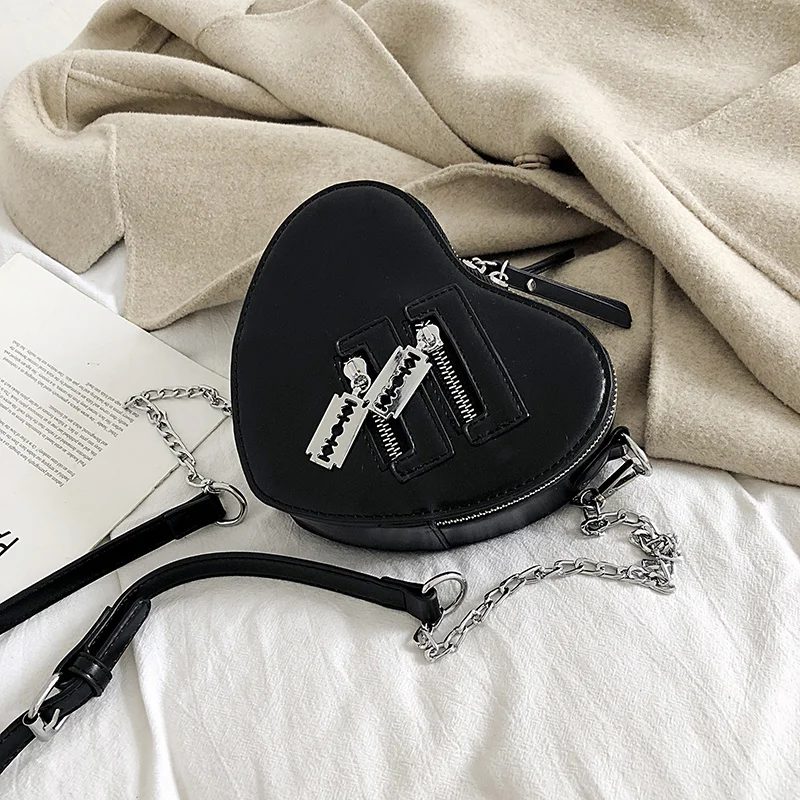 Gothic Heart Blade Zipper Chain Crossbody Bags For Women Girl Casual Shoulder Purses And Handbags Techwear Summer Wallet Goth