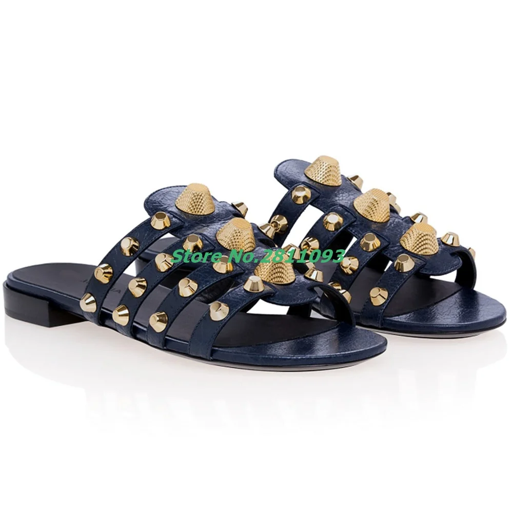 European Rivet Flat With Shoes Slip On Open Toe Fashon Women Slippers Metal Rivet Decor Outdoor  Beach Slides