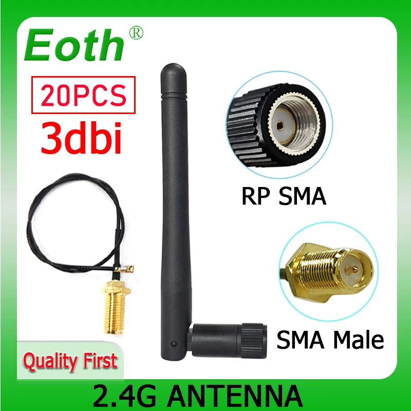 EOTH 20pcs 2.4g antenn 3dbi sma female wlan wifi 2.4ghz antene IPX ipex 1 SMA male pigtail Extension Cable iot module antena