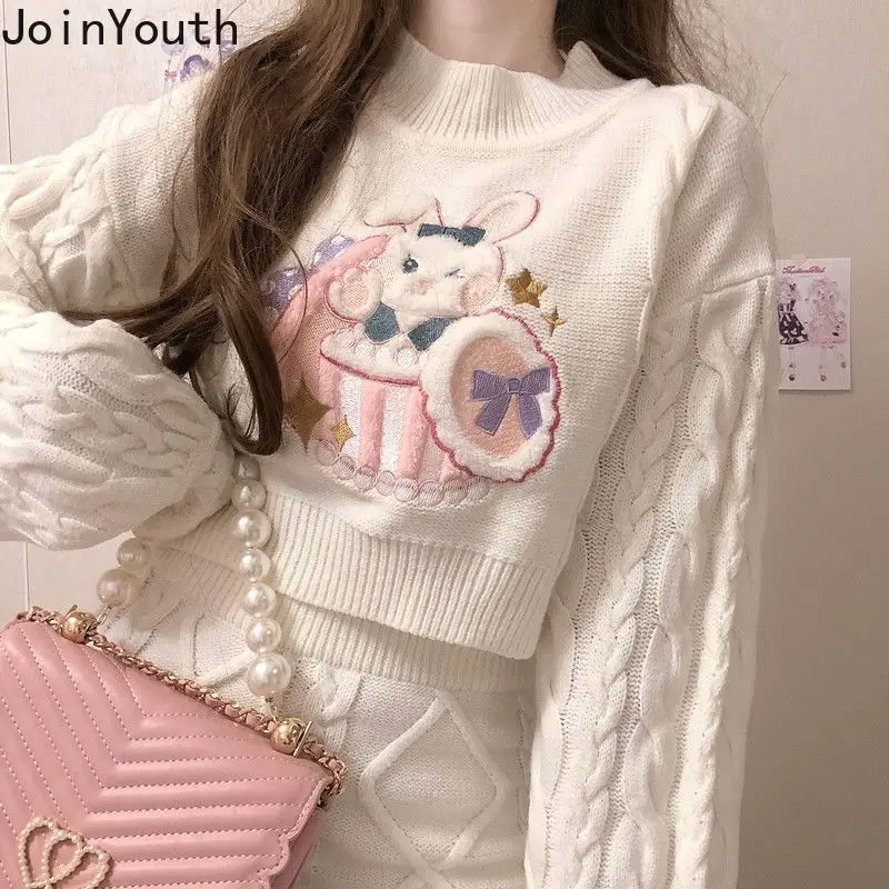 Joinyouth-Conjunto de dos piezas de moda japonesa para Mujer, jerséis recortados acanalados, minifalda ajustada, Ropa de punto, 2 piezas