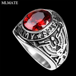 United States Army Navy Airforce Marines Venteran Military Stainless Steel Ring Retro USMC Memorial War Battle Blue Red Stone