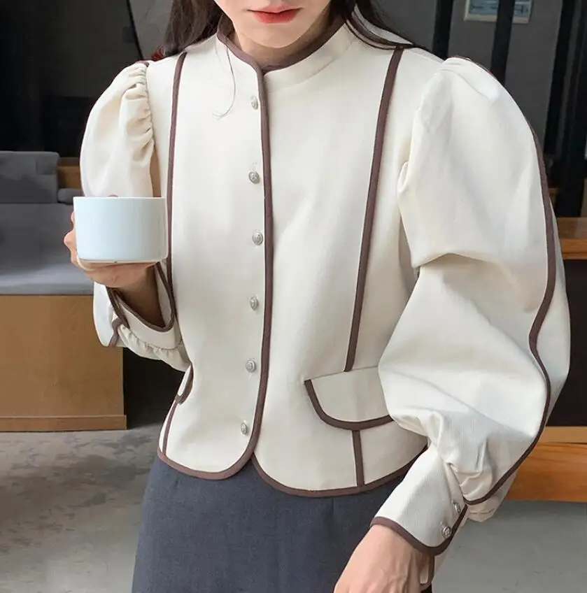 Korea Chic New Autumn Stand Collar Bordered Line Contrast Color Design Single-Breasted Puff Sleeve Short Jacket Female s1664