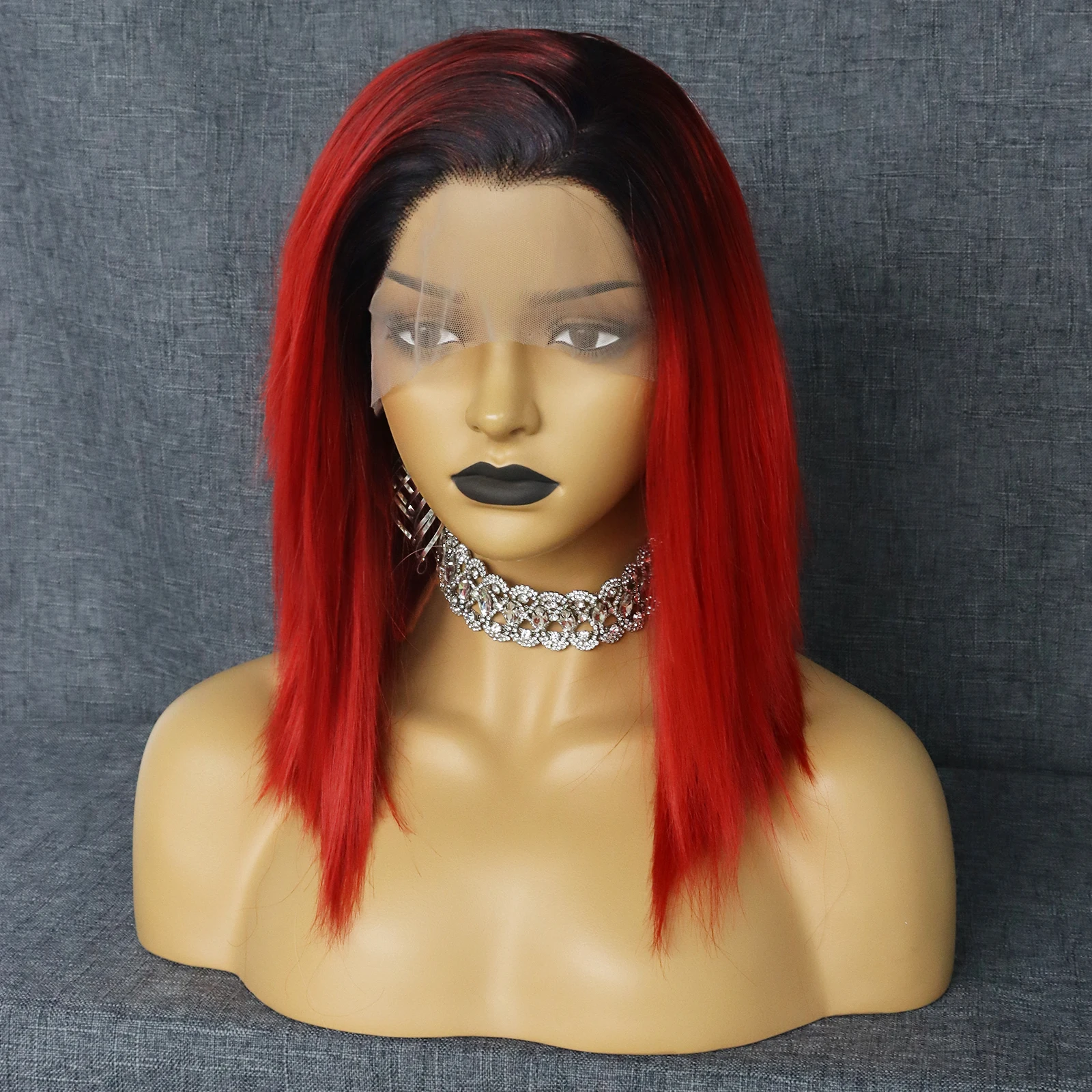 Parrucche frontali in pizzo jonging 13x2.5 Ombre Red Straight Bob parrucche corte fibra resistente al calore sintetica per donne nere festa di Halloween