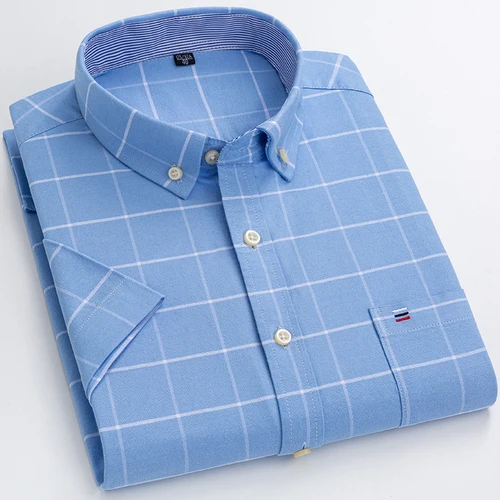 Imagen 2 del producto Camisas de verano de talla grande para hombre, camisa Oxford de rayas verticales de manga corta de ajuste estándar, camisa holgada a cuadros de algodón suave y sólido para hombre