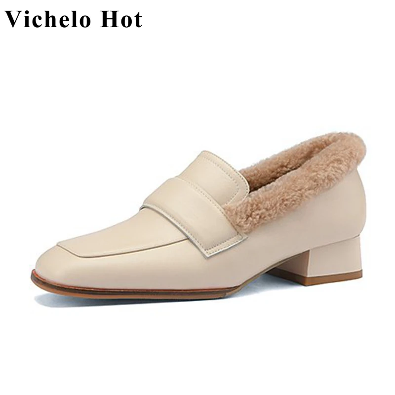 

Vichelo Hot 2022 preppy style loafers winter sheep fur genuine leather square toe slip on thick low heels high quality pumps l32