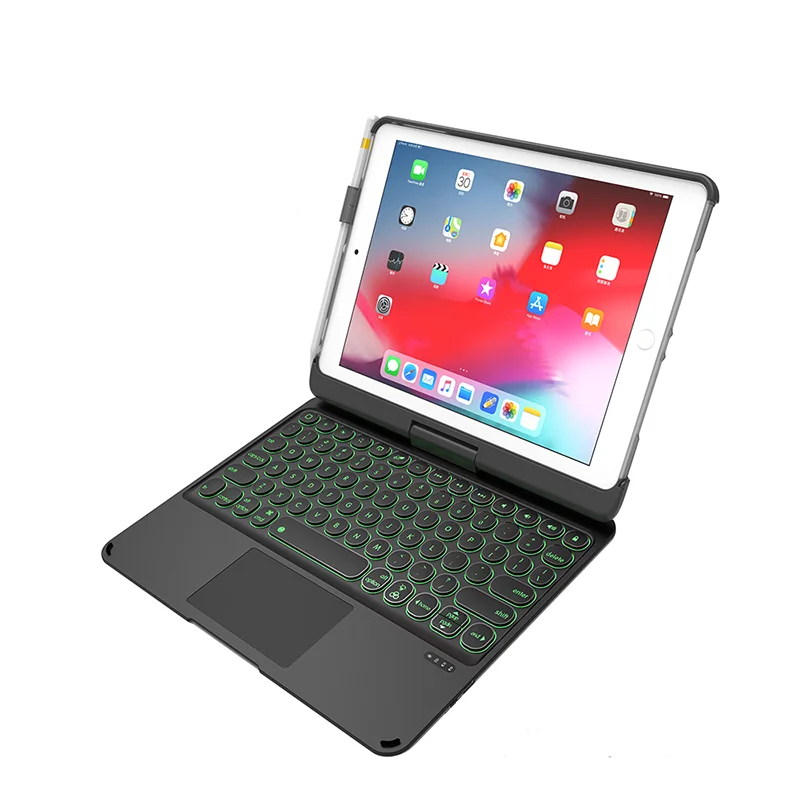 

For iPad 9.7 2018 2017 Pro 9.7 Air 1 2 Case 360 Degree Rotated PU TPU stand cover with Colorful backlit Bluetooth Touch Keyboard