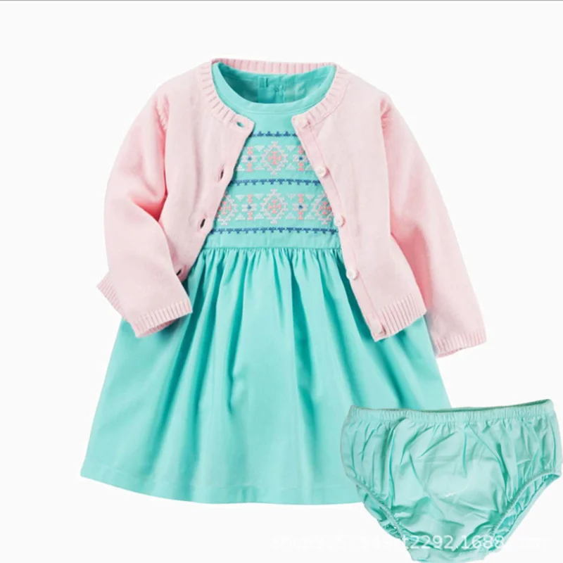 Newborn baby clothing baby girl dress 2021 spring and autumn cute suit floral dress + knitted jacket + panties 3PCS dress suit