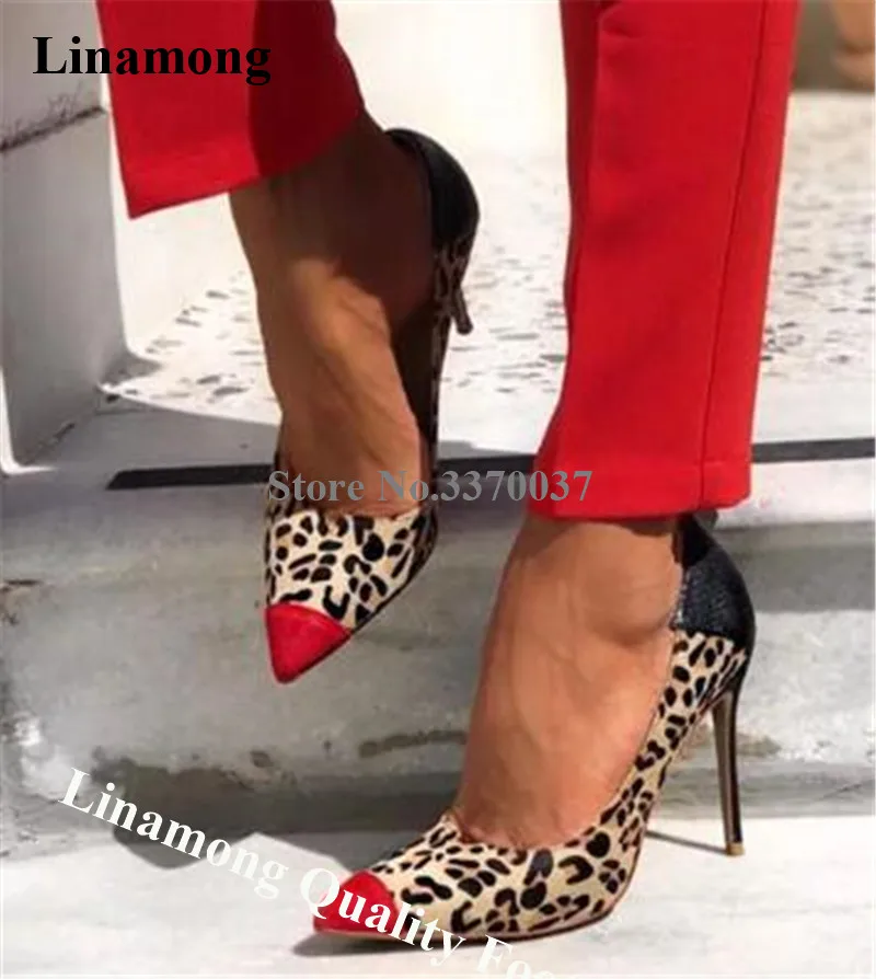 

Linamong Brand Style Red Pointed Toe Suede Leather Stiletto Heel Pumps Slip-on Patchwork Leopard High Heels Formal Dress Shoes