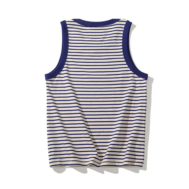 Akkad Kuti Japanese Retro Casual Tank Top Men Heavyweight 100% Cotton Blue White Striped Vest Male Loose Tops Summer New 2021