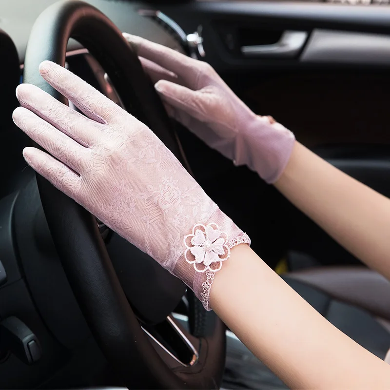 Summer Sexy Lace Women Sunscreen Touch Screen Gloves Ice Silk Thin Breathable Mesh Anti-UV Skid Driving Cycling