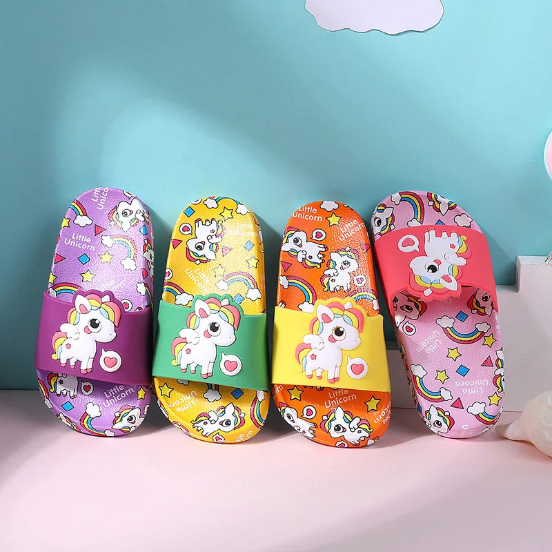 Unicorn Kids Slippers New Summer Rainbow Boys Girls Slippers PVC Non-slip Children Beach Shoes Baby Home Sandals Kids Flip Flops