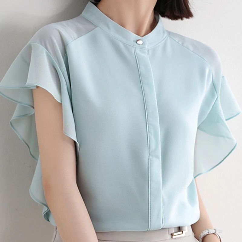 Summer Short Sleeve Blouse Women Stand Collar Chiffon Blouse Shirt Tops Women Blusas Mujer De Moda 2024 Blouses Shirts F124