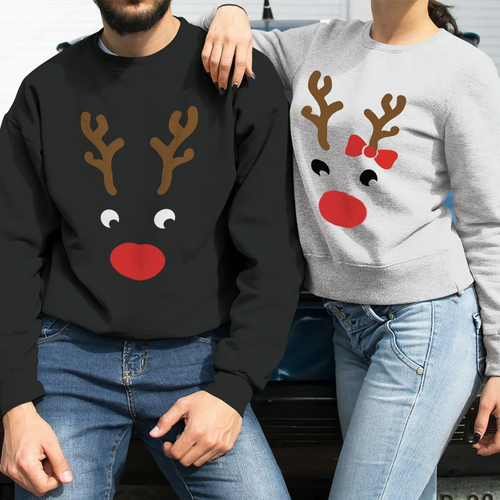 

Cute Reindeer Colored Printed Christmas Sweatshirt Funny Unisex Matching Couples Sweatshirts Winter Graphic Holidays Pullovers