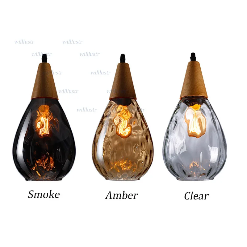 WaterDrop Pendant Lamp Clear Smoke Amber Aquatex Glass Suspension Light Hall Living Room Wood Hanging Ceiling Chandelier